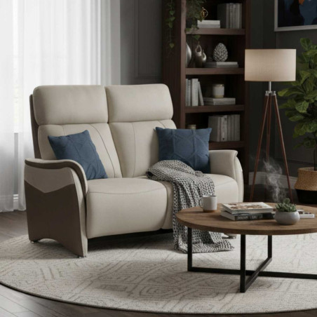 Canapé 2 places fixe tissu micro peau brun taupe et beige mastic - SANGYOR
