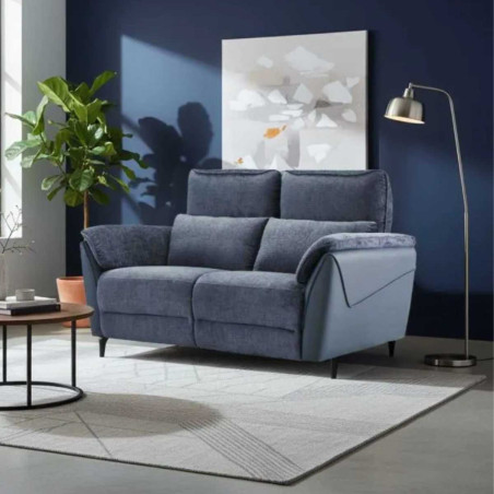 Canapé 2 places fixe bi-matière tissu chenillé et PVC bleu - CELESTOR