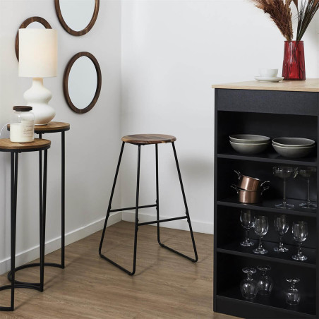 Tabouret de bar métal noir et assise acacia - LUCIAN
