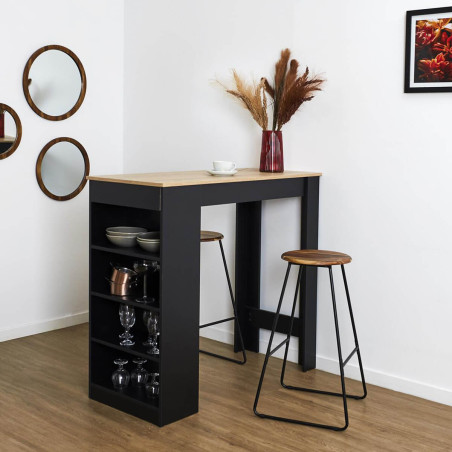 Tabouret de bar métal noir et assise acacia - LUCIAN