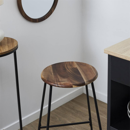 Tabouret de bar métal noir et assise acacia - LUCIAN