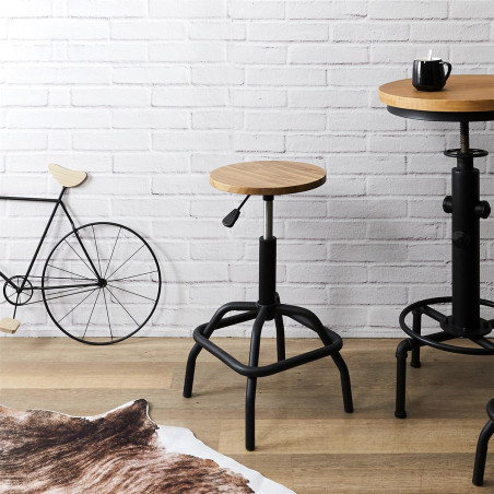 Tabouret réglable vintage en bois d’orme et métal - VETAURAN