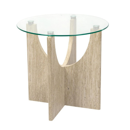 Table d'appoint Ø45cm verre et MDF aspect travertin - TRIVAN