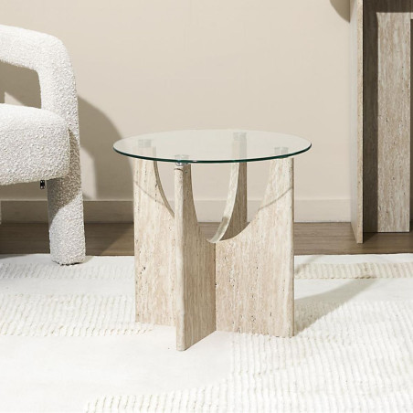 Table d'appoint Ø45cm verre et MDF aspect travertin - TRIVAN
