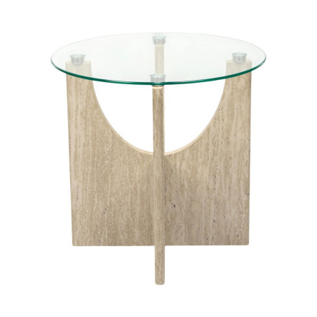 Table d'appoint Ø45cm verre et MDF aspect travertin - TRIVAN