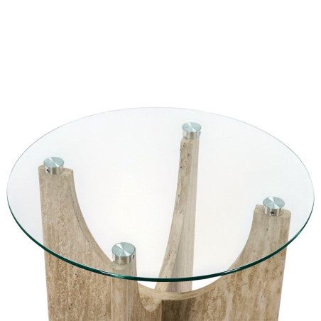 Table d'appoint Ø45cm verre et MDF aspect travertin - TRIVAN
