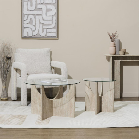 Table d'appoint Ø45cm verre et MDF aspect travertin - TRIVAN