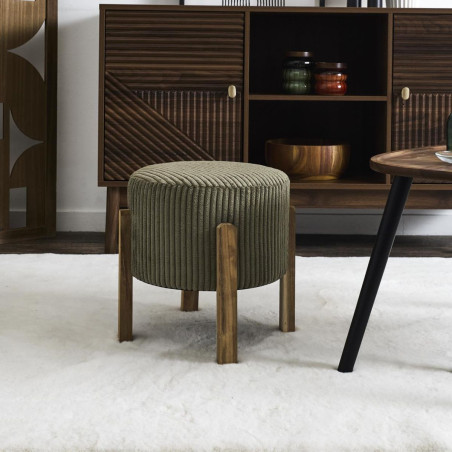 Lot de 2 tabourets en velours côtelé vert pieds acacia - AMORA
