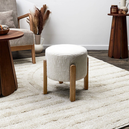 Lot de 2 tabourets en velours côtelé crème pieds acacia - AMORA