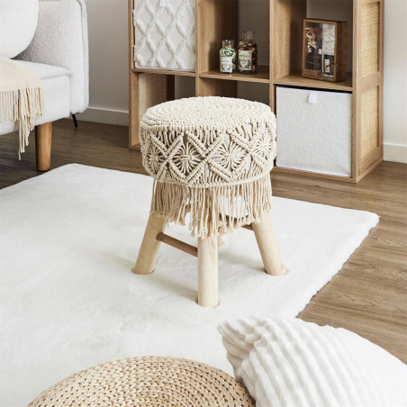 Tabouret assise décorative style macramé pieds en pin naturel - BOHEMA