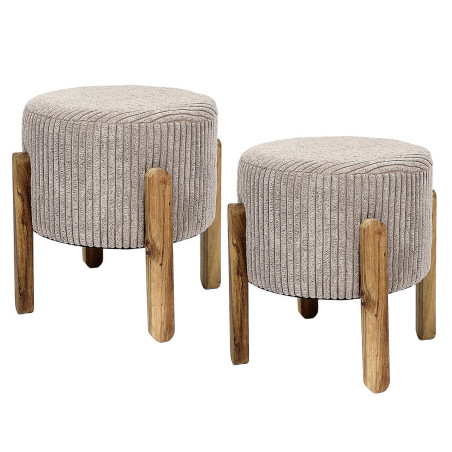 Lot de 2 tabourets en velours côtelé taupe, pieds acacia - AMORA