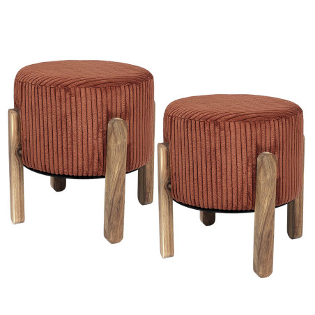 Lot de 2 tabourets velours côtelé terracotta pieds acacia - AMORA