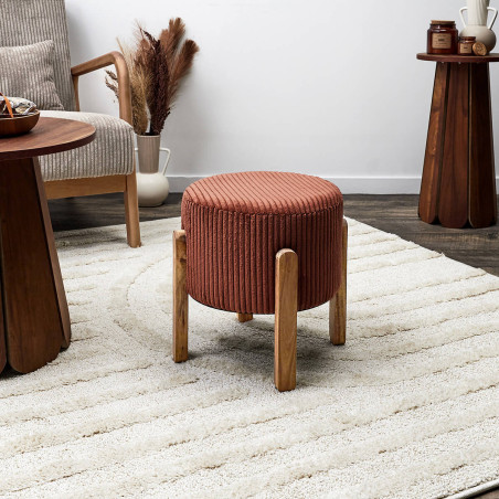 Lot de 2 tabourets velours côtelé terracotta pieds acacia - AMORA