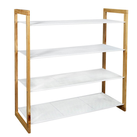 Meuble à chaussures 4 étages métal blanc et bois - LOVIO