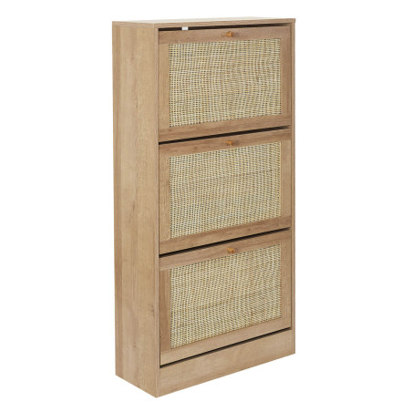 Meuble à chaussures 3 portes basculantes effet bois et façades rotin - MAYRO