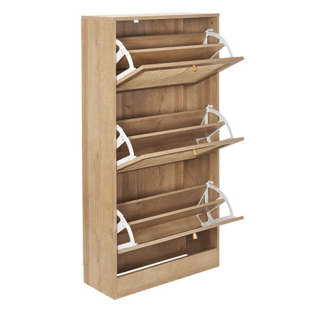 Meuble à chaussures 3 portes basculantes effet bois et façades rotin - MAYRO