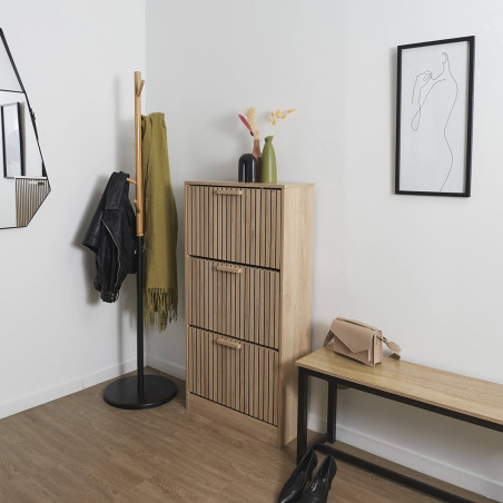 Meuble à chaussures 3 portes basculantes effet bois avec tasseaux - PAJEN