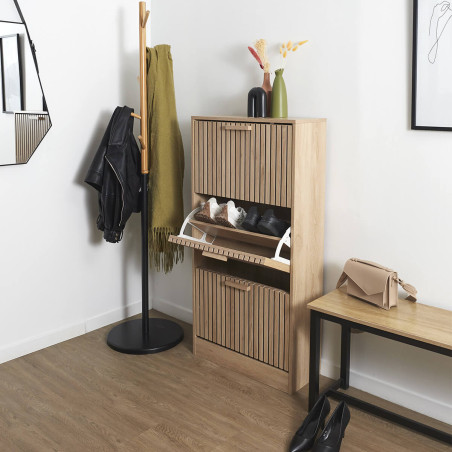 Meuble à chaussures 3 portes basculantes effet bois avec tasseaux - PAJEN