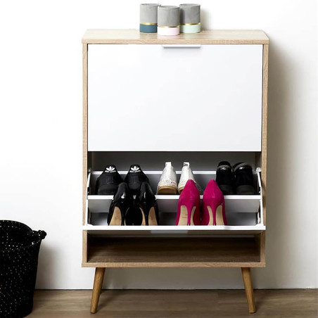 Meuble à Chaussures 2 Portes Blanc et Effet Bois - CODYA