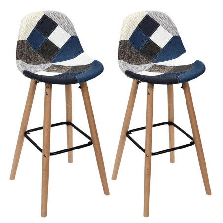 Lot de 2 Tabourets Patchwork Bleu et Gris - DAMIER