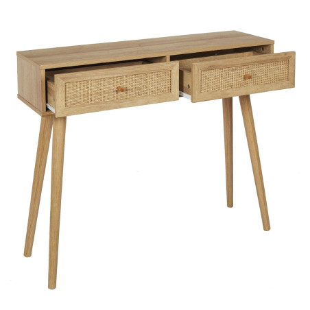 Console 2 tiroirs effet bois et façades rotin - MAYRO