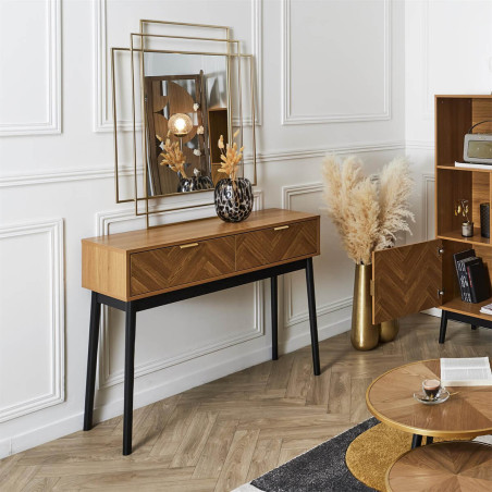Console 2 tiroirs aspect bois décor chevrons piétement noir - SIXIA