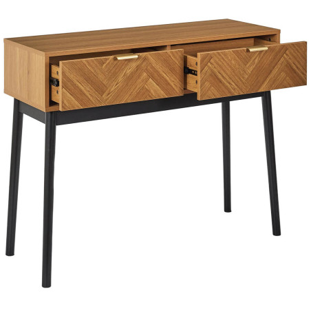 Console 2 tiroirs aspect bois décor chevrons piétement noir - SIXIA