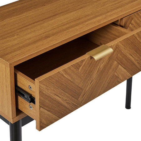Console 2 tiroirs aspect bois décor chevrons piétement noir - SIXIA