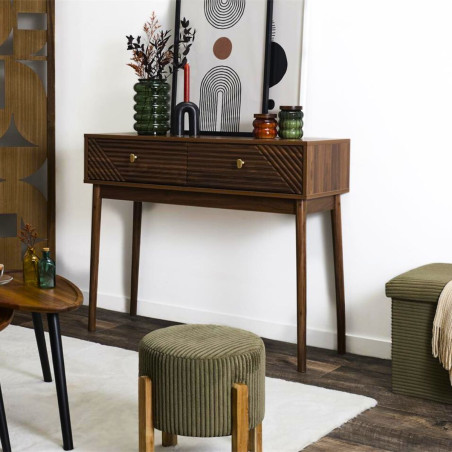Console 2 tiroirs bois et MDF pieds en pin teinté chêne foncé - COTELE