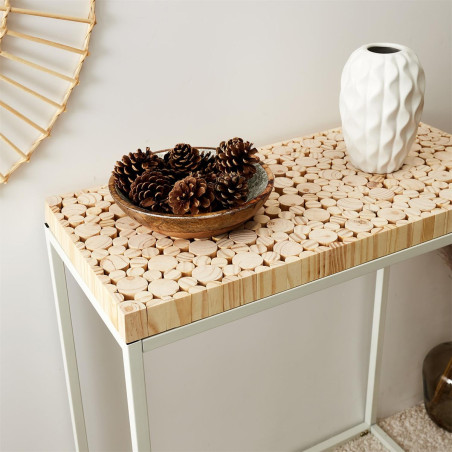 Console avec plateau rondins de bois et piétement métal blanc - FREIN