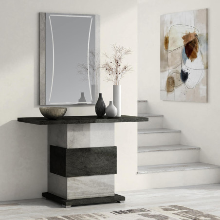 Console 110 cm 1 pied central gris aspect pierre - HOFIO