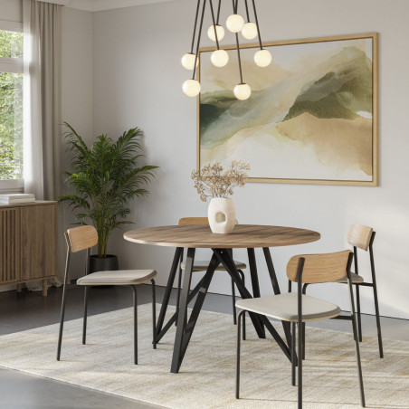 Table ronde 130cm en mélaminé chêne moyen pieds métal noir - URIELLOR