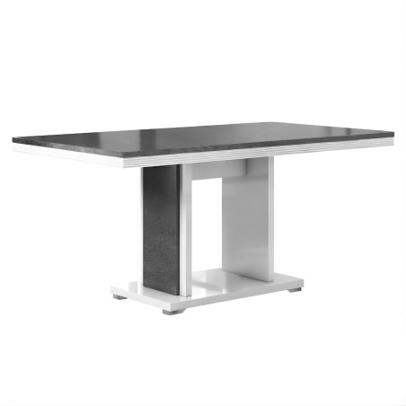 Table repas pied central laqué blanc et imitation granit gris - NEWELLOR