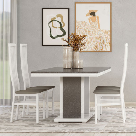 Table repas pied central laqué blanc et imitation granit gris - NEWELLOR