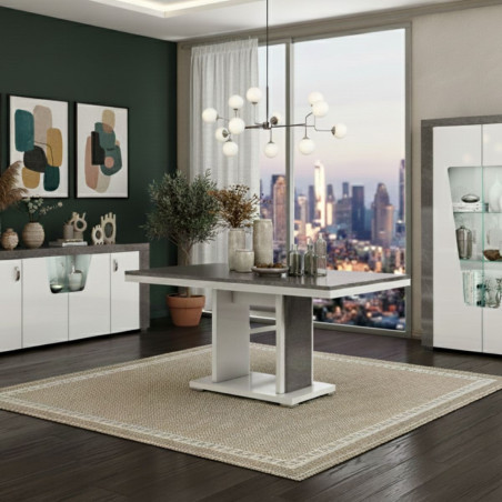 Table repas pied central laqué blanc et imitation granit gris - NEWELLOR