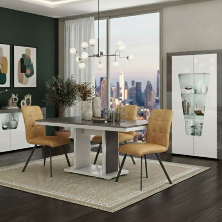 Table repas pied central laqué blanc et imitation granit gris - NEWELLOR