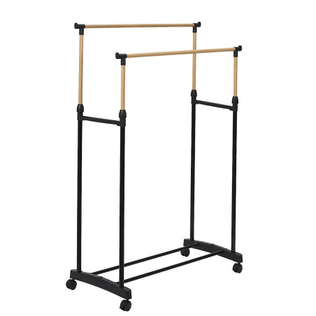 Portant double hauteur ajustable sur roulettes noir et effet bois