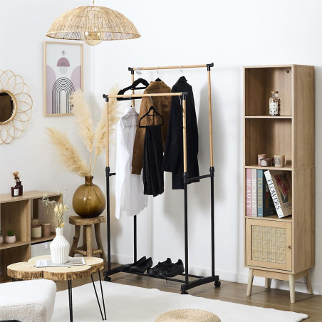 Portant double hauteur ajustable sur roulettes noir et effet bois