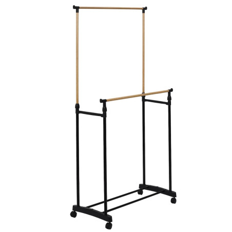 Portant double hauteur ajustable sur roulettes noir et effet bois
