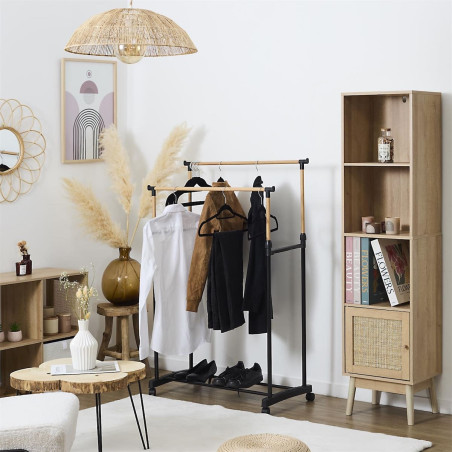 Portant double hauteur ajustable sur roulettes noir et effet bois