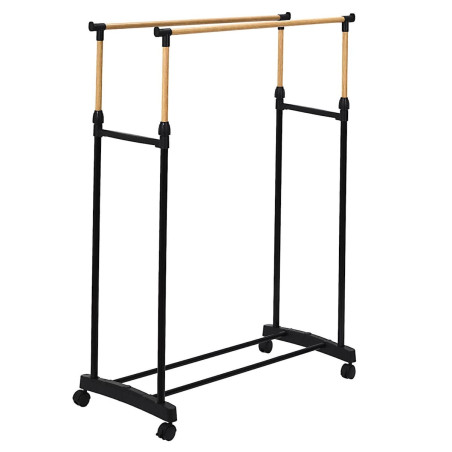 Portant double hauteur ajustable sur roulettes noir et effet bois
