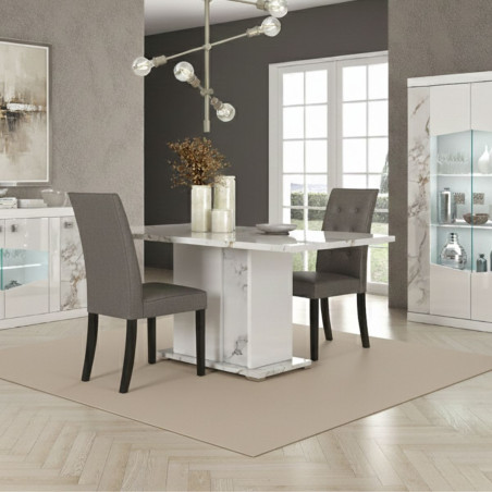 Table repas 160cm pied central laqué blanc et imitation marbre - ETOLISOR