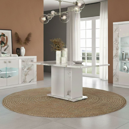 Table repas 160cm pied central laqué blanc et imitation marbre - ETOLISOR