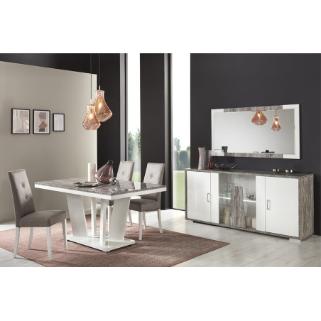 Table repas rectangulaire laquée blanc et effet bois taupe - DENIO
