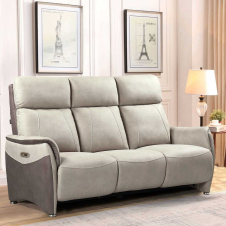 Canapé 3 places relax électrique bicolore beige tablette centrale - SANGYOR