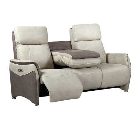 Canapé 3 places relax électrique bicolore beige tablette centrale - SANGYOR