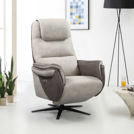 Fauteuil relax électrique pivotant tissu brun et mastic - NADIROR