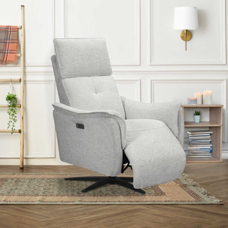 Fauteuil relax électrique pivotant bi-moteur tissu gris galet - PLYMOR