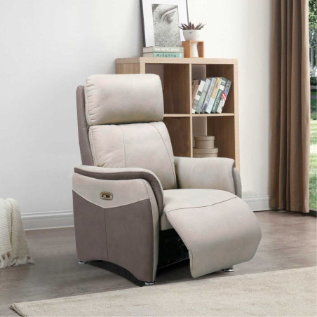 Fauteuil relax électrique tissu micro peau brun taupe/beige mastic- SANGYOR