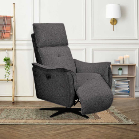 Fauteuil relax électrique pivotant bi-moteur tissu gris carbone - PLYMOR